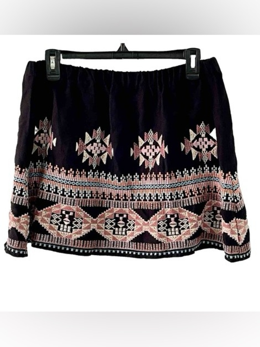 Johnny Was Small Embroidered Black Mini Skirt with Pink & Cream Tribal Pattern